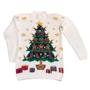 Beldoch Popper Women's Christmas Sweater Vintage Small Tree Stars Presents